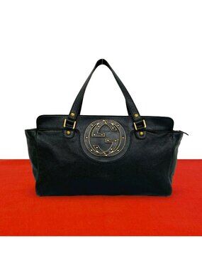 Gucci Interlocking Studs Leather Mini Tote Boston Bag Black